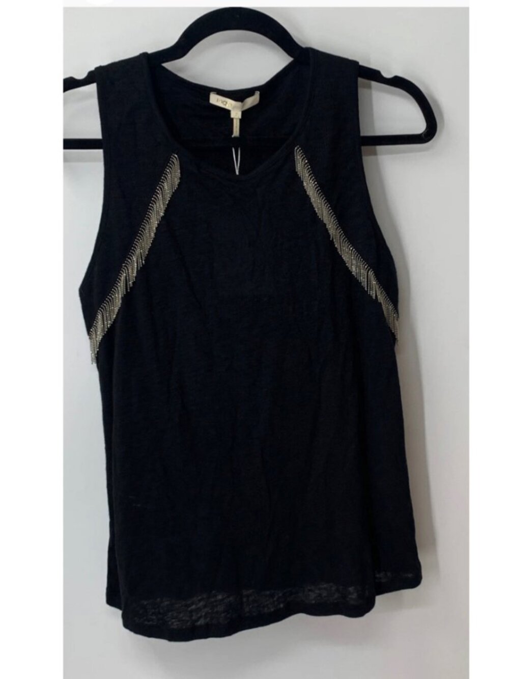 Maje womens black linen silver fringe embroidered Tank Top sz 2
